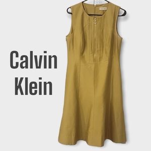Calvin Klein Green/Yellow Fit & Flare Midi Dress with Front Gold Zip